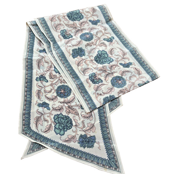 Vintage Ginnie Johansen Silk Scarf Intricate Floral Cream Pink Blue Oblong Tie - Picture 6 of 8